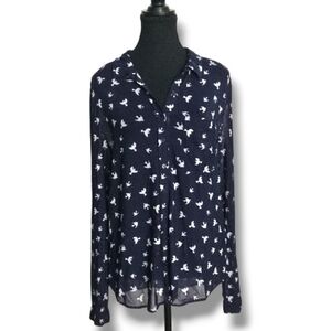 Reitmans Navy Bird Print Blouse M | Button-Up Sheer | Casual Chic Top